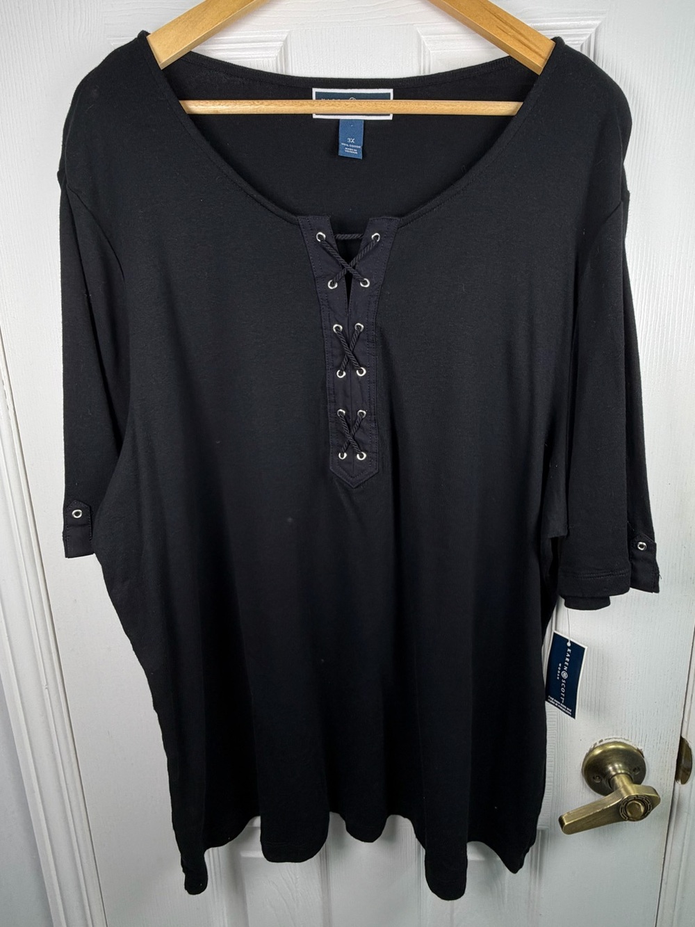 Karen Scott Black Lace-Up Grommet Top Women's 3X 100% Cotton Scoop Neck NWT